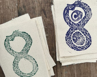Hand Carved & Printed Linocut Canvas Ouroboros Patch, Celestial Snake Patches for Mending, Textile Art, Patchwork