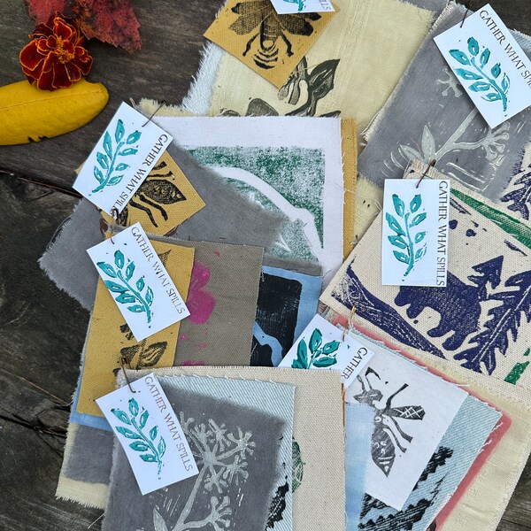 Block Print Patches Seconds & Testers Bundles - Hand Cut Lino Prints on Reclaimed, Naturally Dyed Fabrics, Bundle of 5 Fabric Patches