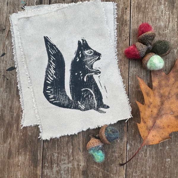 Hand Printed on Natural Dyed Canvas Squirrel Patch for Crafts, Mending, Textile Art, Hand Carved Lino Cut Print