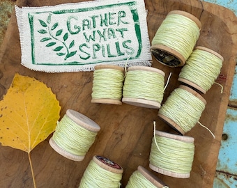 Botanical Dyed Weld Thread -  Yellow Green Natural Dye on Vintage Wood Spools for Embroidery, Slow Stitching, Visible Mending