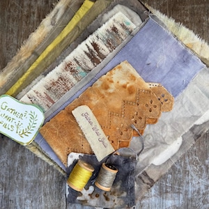 Tecidos tingidos botanicamente, tecidos reciclados e vintage tingidos naturalmente, ponto lento, colagem, artesanato