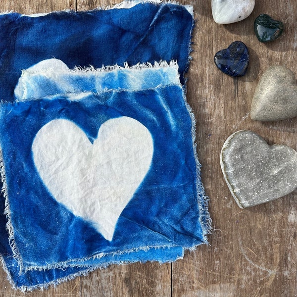 Cyanotype Heart Prints on Reclaimed Linen Fabric, Valentines Heart,  Indigo Blue Swatches for Slow Stitching, Crafts, Sewing, Collage