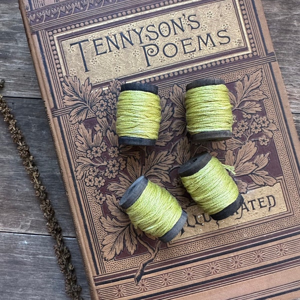 Botanical Dyed Embroidered Floss on Wooden Spools- Caterpillar Green, Natural Marigold Dye for Mending, Slow Stitching, Embroidery, Crafts