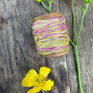 Botanical Dip Dyed Linen Thread on Vintage Wooden Spools- Pink Yellow Tie Dye,  Natural Dye for Mending, Slow Stitching, Embroidery, Crafts