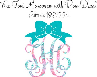 Monogram Decal, Car Monogram, Vine Font Monogram with Bow Decal Patterns 188-224