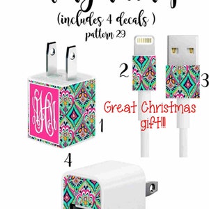 Christmas Gift/Personalized Gift/IPhone Charger Monogram Decal/Charger Monogram/IPhone Charger Wrap/IPhone Charger Decal/Pattern 29