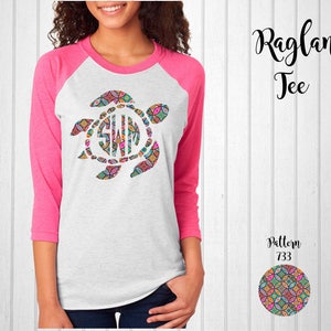 Monogram Turtle Shirt/Personalized Gift/Personalized Raglan/Next Level Raglan/Monogram Raglan Tee  // Monogram Shirt in Pattern 733