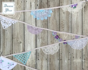 Colourful Doily Garland  - Crochet Vintage Doiley Bunting - Vintage Wedding - Purple Lilac Turquoise Cream White (Freesia) by Daisies Blue