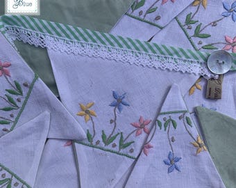 Embroidered Floral Fabric Bunting: Vintage Tea Party Garland