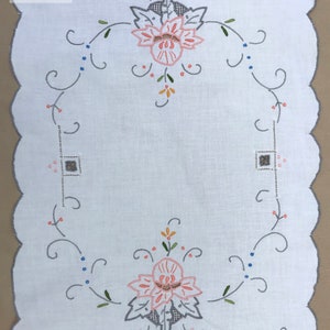 Cream Vintage Table Linen Hand Embroidered Peach Grey Tray Cloth Cream Wedding Decorative Orange Flower Tray Mat by Daisies Blue image 5