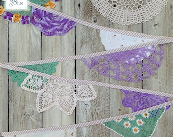 Pretty Doily Bunting - Handmade Lace Crochet Garland - Lilac Purple Yellow Green Ivory Cream White Doily (Wild Heather) - Daisies Blue 3.5 m