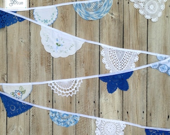 Nautical Doily Bunting - Crochet Doily Vintage Doilies - Sailor Boy Blue - Royal Blue White Ivory (Harebell) - by Daisies Blue - 4 metres