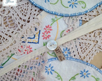 Embroidered Linen Bunting - Crochet Doily Garland - Flowery Afternoon Tea - Vintage Floral Doilies - Blue Beige Cream - Daisies Blue 3 metre