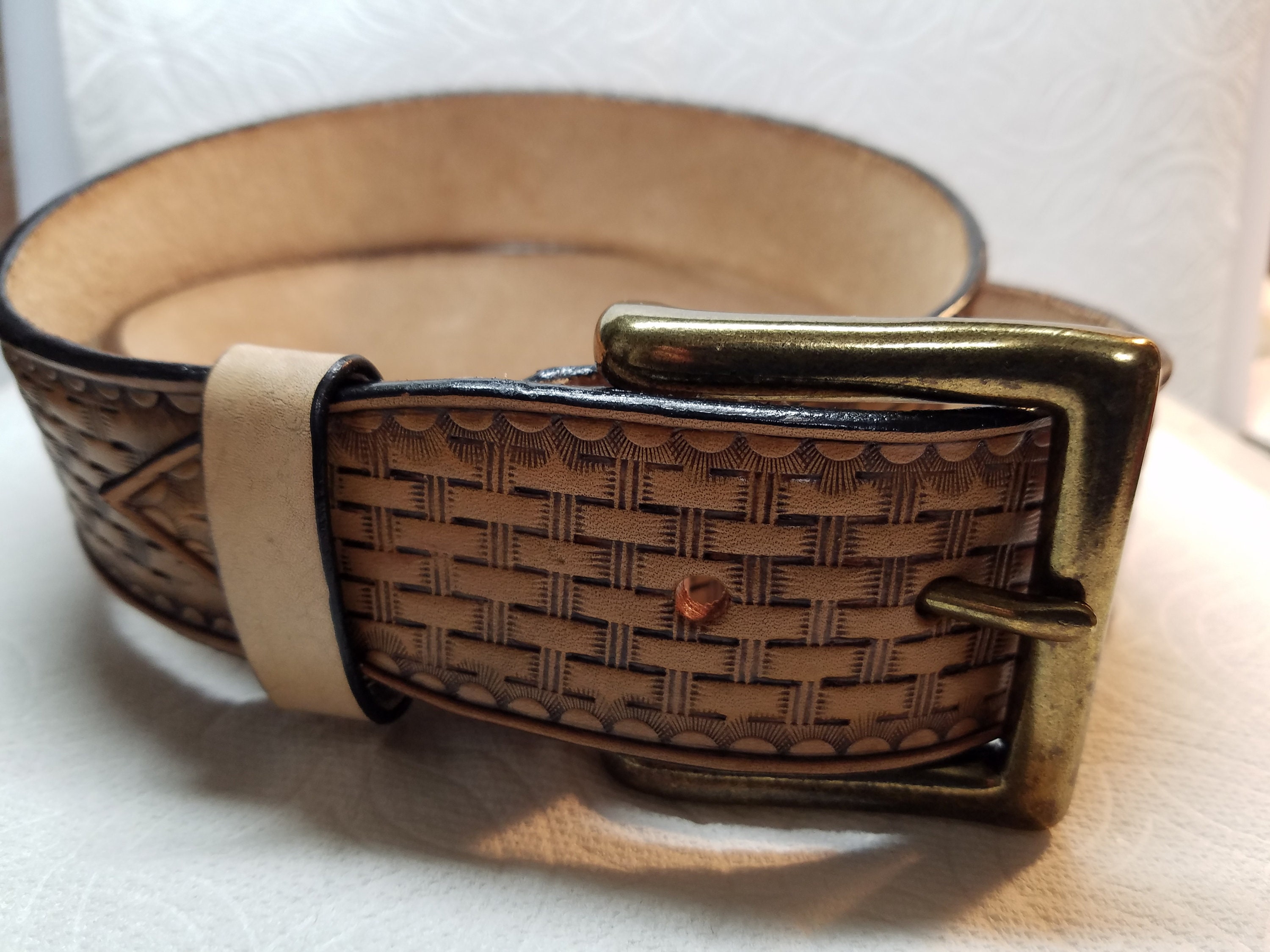 Handmade Leather mens belt Handtooled Basketweave Pattern Etsy