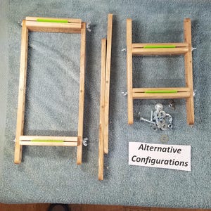 May include: Wooden frame components with green accents and hardware, arranged on a blue surface. The text "Alternative Configurations" is on a white card. The components appear to be for a craft or woodworking project.