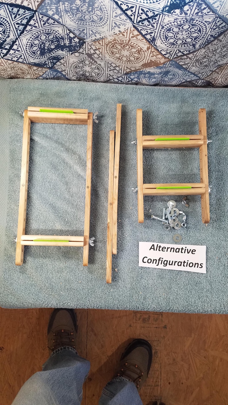 May include: Wooden frame components with green accents and hardware, arranged on a blue surface. The text "Alternative Configurations" is on a white card. The components appear to be for a craft or woodworking project.
