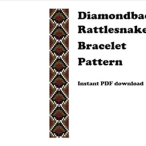 May include: A beaded bracelet pattern featuring a diamondback rattlesnake design. The pattern is in shades of brown, black, white, and red. The image includes the text "Diamondback Rattlesnake Bracelet Pattern" and "Instant PDF download".