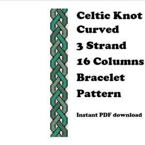 Op de afbeelding: Een digitaal patroon voor een gebogen armband met een Keltische knoop, met een 3-strengs ontwerp met 16 kolommen. Het patroon is in tinten groen en blauw.