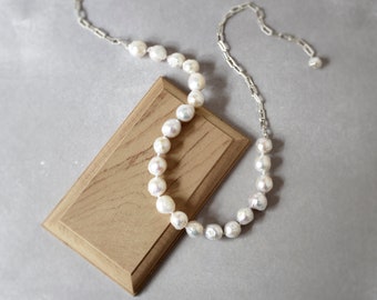 Handmade Simple Freshwater Pearls beads with 925 silver Necklace