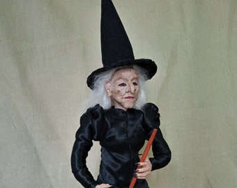 Witch, witch with four black cats, pose able creepy, goth doll, Hallooween party, Witch craft, 13"