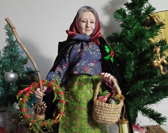 Befana, La Befana Italian Christmas witch, CUSTOM ORDER, pose able doll with Christmas decor, 14"