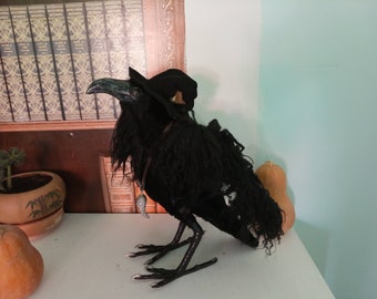 Posierbarer Rabe Puppe: Halloween Krähe handgemachte Skulptur, gotische Kunst Dekor