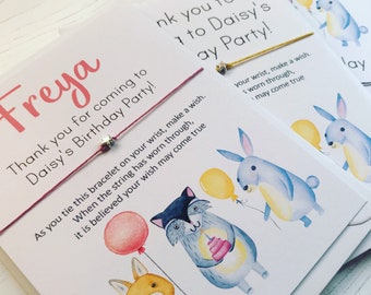 Set of 10 Wish Bracelet Cards  - Cute Animal Party personalised "Thank you" sentiment card with envelope. Perfect for Party Bags!