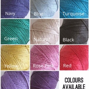 May include: A grid of yarn skeins in various colors, including navy, blue, turquoise, green, natural, black, yellow, rose pink, red, lavender, and plum. Text reads "COLOURS AVAILABLE".