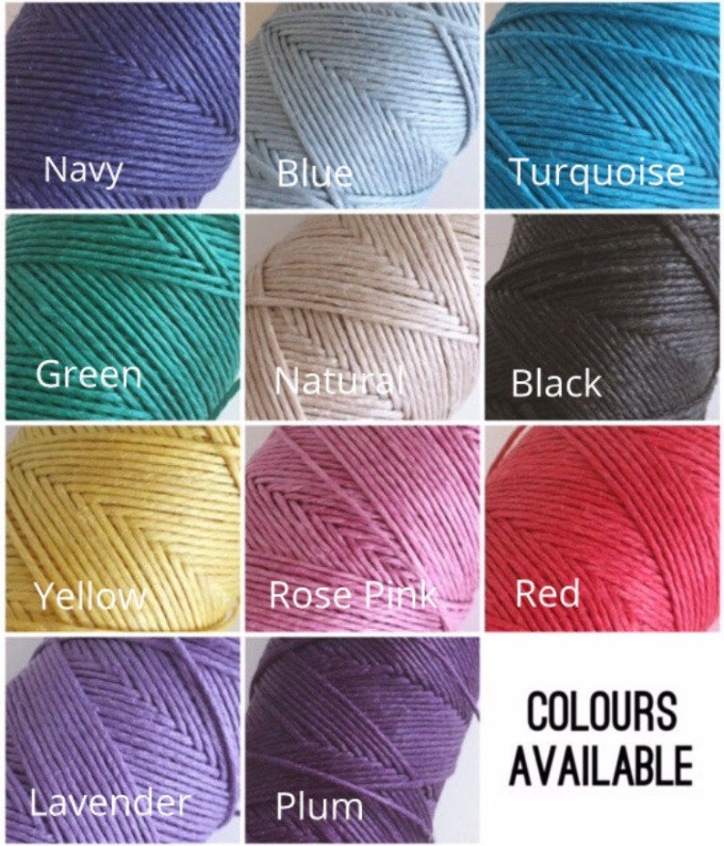 May include: A grid of yarn skeins in various colors, including navy, blue, turquoise, green, natural, black, yellow, rose pink, red, lavender, and plum. Text reads "COLOURS AVAILABLE".