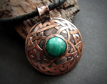 Celtic Knot - Copper Pendant with Malachite, Viking Jewelry, Pagan Jewelry