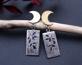 Crescent Moon Earrings, Celestial Jewelry, Nature Earrings, Nature Jewelry, Adorable Leaf Earrings, Mixed Metal Rectangle Earrings,