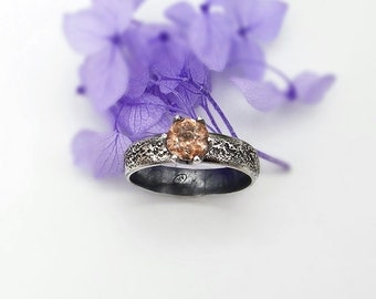 Moderne zilveren ring met zonnesteen, getextureerde edelsteenring, sierlijke solitaire ring, zonnesteen sieraden, zonnesteen kristal, oranje steen, maat 9