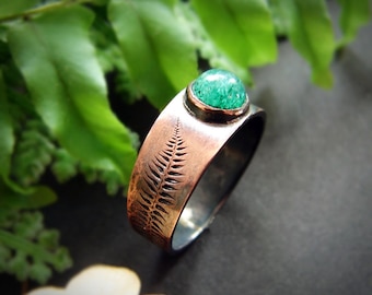 Ring met Varen, Groene Aventurijn Ring, Bos Ring, Koperen Heksenring, Heks Cadeau, Druïde Sieraden, Botanische Ring, Natuur Boho-Sieraden