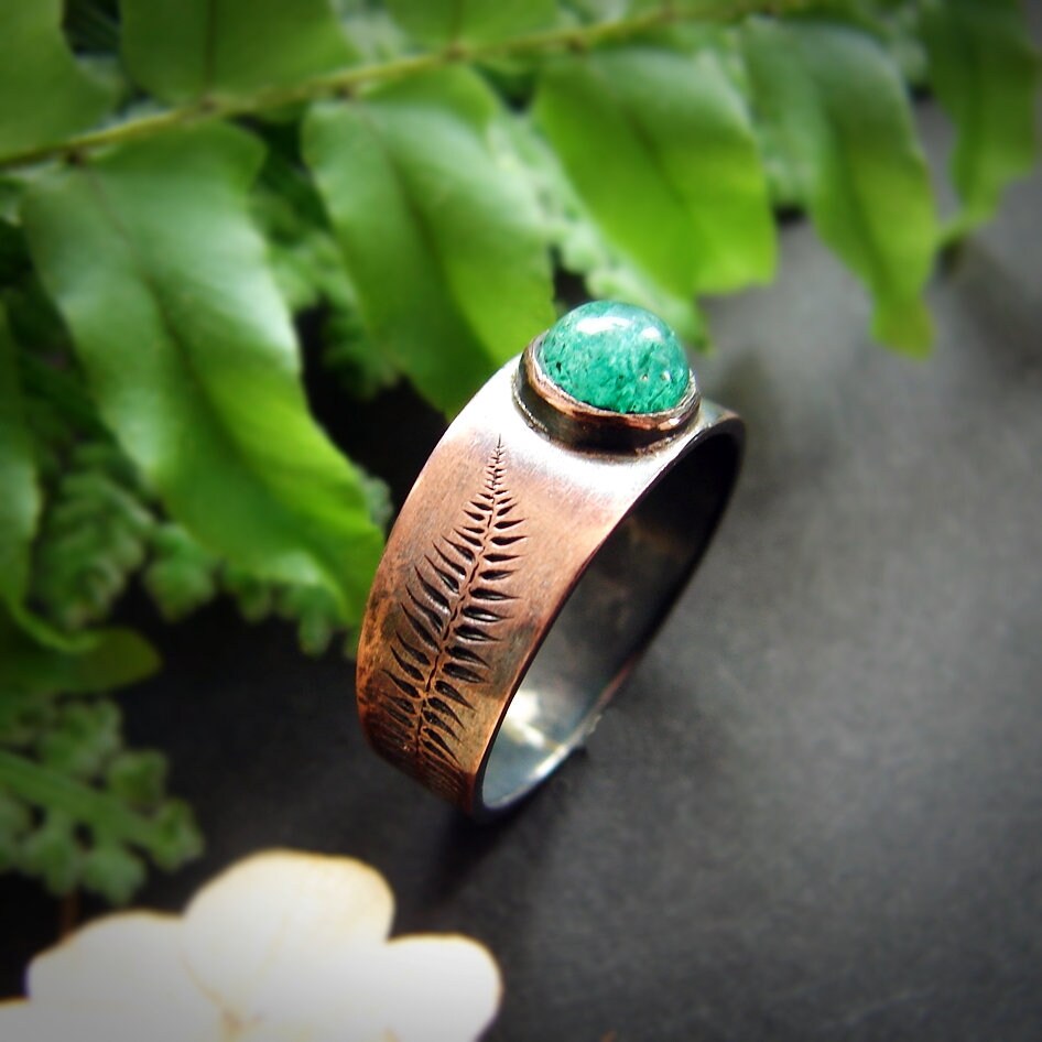 Fern Ring, Green Aventurine Ring, Forest Ring, Witchy Ring, Copper Ring, Witchy Gift, Druid Aesthetic, Botanical Ring, Nature Boho Jewelry
