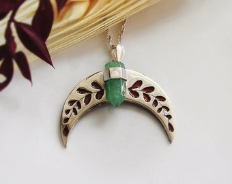 Halve Maan Zilveren Hanger met Groene Kwarts, Omgekeerde Maan, Maan Talisman, Mystieke Hemelse Sieraden, Spirituele Ketting, Lunula