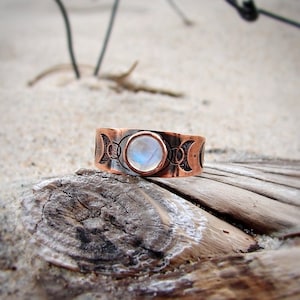 Mondphasenring, Mond Schmuck, Ring mit Mondstein, Halbmond und Vollmond, Himmlischer Ring, Dreifaltige Göttin, Wicca Schmuck, Hexentum