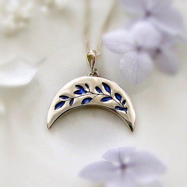 Crescent Moon Necklace with Blue Leaves, Upside Down Moon, Moon Talisman, Moon Jewelry, Half Moon Necklace, Celestial Jewelry, Lunula