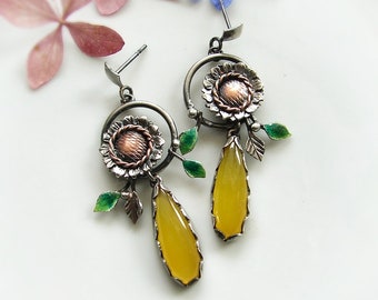 Sunflower Unique Dainty Earrings, Flower Earrings, Silver Dangle Plant Earrings, Nature Jewelry, Adorable Floral Earrings, Yellow Stones