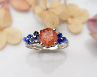 Silver Ring with Sunstone and Blue Flowers, Dainty and Intricate Design, Floral Charming Jewelry, Sunstone Ring, Romantic Blossom Ring