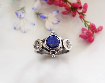 Triple Goddess Ring, Moon Phases Ring, Lapis Lazuli Celestial Ring, Triple Moon, Hecate's Symbol, Moon Goddess, Witchy Gift, Lunar Phases