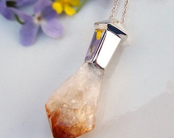 Raw Citrine Necklace, Silver Necklace in Shape of a Potion, Crystal Necklace for Witch, Rough Natural Stone Pendant, Raw Crystal Jewelry