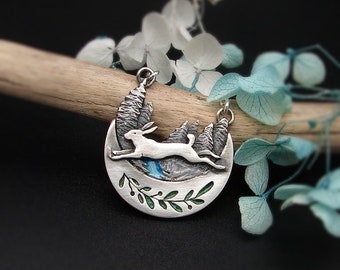 Hare and the Moon Exquisit OOAK Pendant Necklace, Hare Art Jewelry, Wildlife Jewellery, Mystical Nature Jewelry, Hare Lover Gift, Rabbit