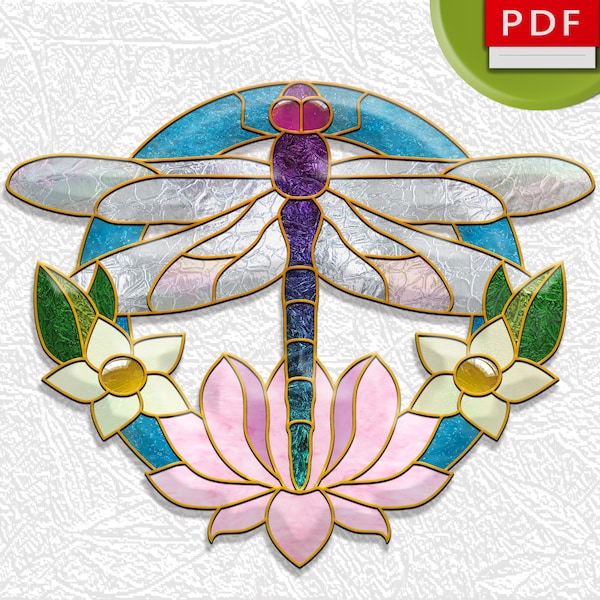 Dragonfly and Lotus stained glass digital pattern
