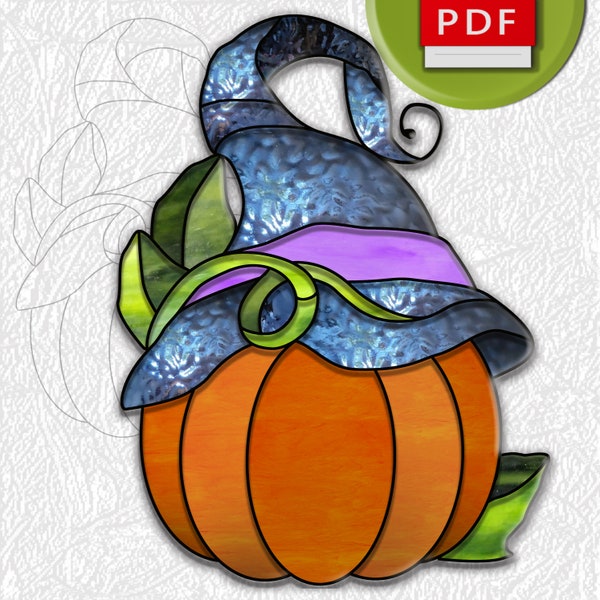 Halloween pumpkin in a witch hat stained glass pattern suncatcher stained glass digital pattern