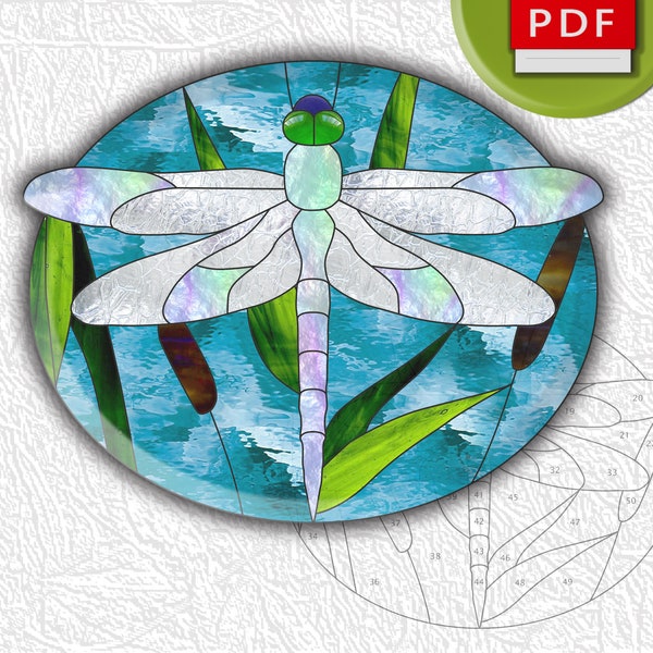 Dragonfly On Bull Rush stained glass panel digital pattern