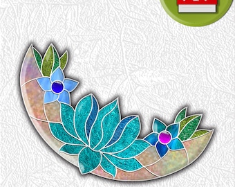 Lotus, flowers and the Moon suncatcher stained glass digital pattern