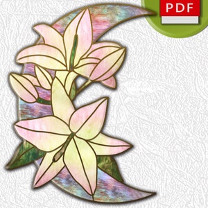 Lily flower and the Moon Stained Glass panel Pattern Digital PDF file