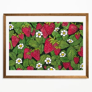 May include: A watercolor painting of a strawberry patch with red strawberries and white flowers on green leaves.
