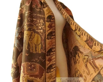 Elephant Scarf Shawl Golden Glitter Pashmina Style Vegan Fabric Wrap Shawl Women Scarf gift For Her Mothers Mom Reddish Brown seg03
