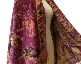 Elephant Scarf Shawl Golden Glitter Pashmina Style Vegan Fabric Wrap Shawl Women Scarf gift For Her Mothers Mom seg07 Dark Pink